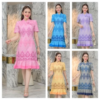 เดรสลายตะขอพระราชทานผ้าฝ้ายพิมพ์ลายเชียงใหม่ เชือกผูกหลัง ไม่มีซิบ ไม่อัดกาว อก36, 40,44,48,52 นิ้ว