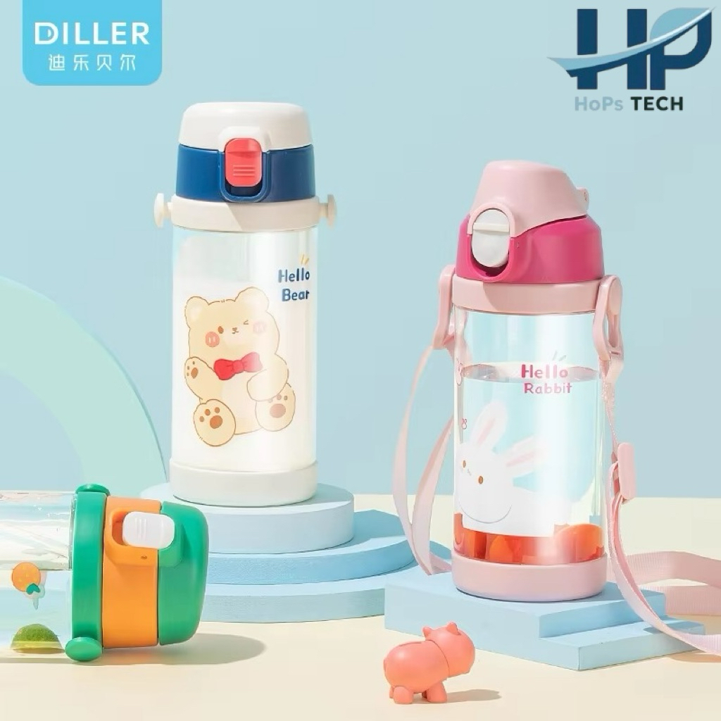 Diller ขวดน้ำเด็ก ขนาด 450 ml ขวดน้ำเด็กไปโรงเรียน พร้อมหลอดดูด ยกดื่ม และมีสายสะพาย Tritan BPA FREE