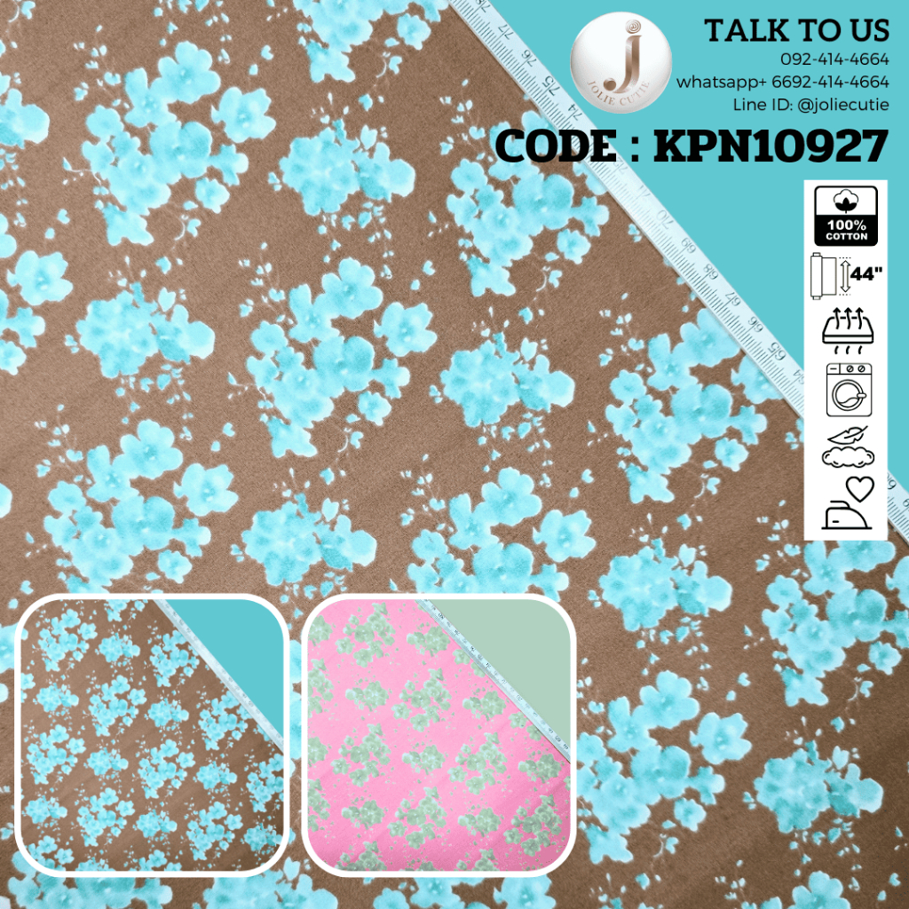 ผ้าคอตต้อนแท้/ผ้าฝ้ายแท้/ผ้าคอตต้อนป๊อบลิน/คอตต้อนคอมป์/cotton comb เกรดพรีเมี่ยม ลายดอกไม้  KPN1092