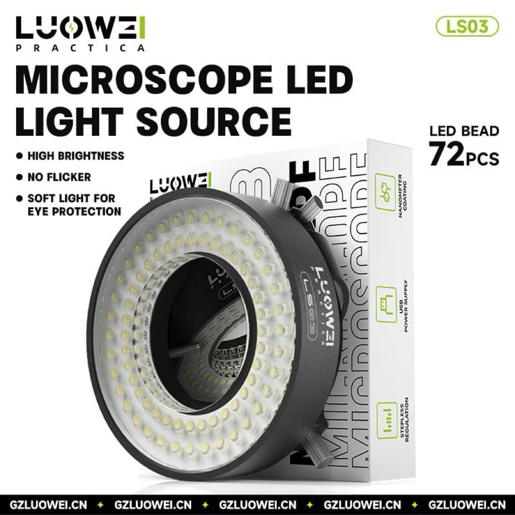 ไฟวงแหวน LED สำหรับกล้องจุลทรรศน์ LUOWEI LS03 ขนาด 80 มม. 72 หลอด ใช้พลังงานจาก USB ปรับความสว่างได้แบบไม่ต่อระดับ สำหรั
