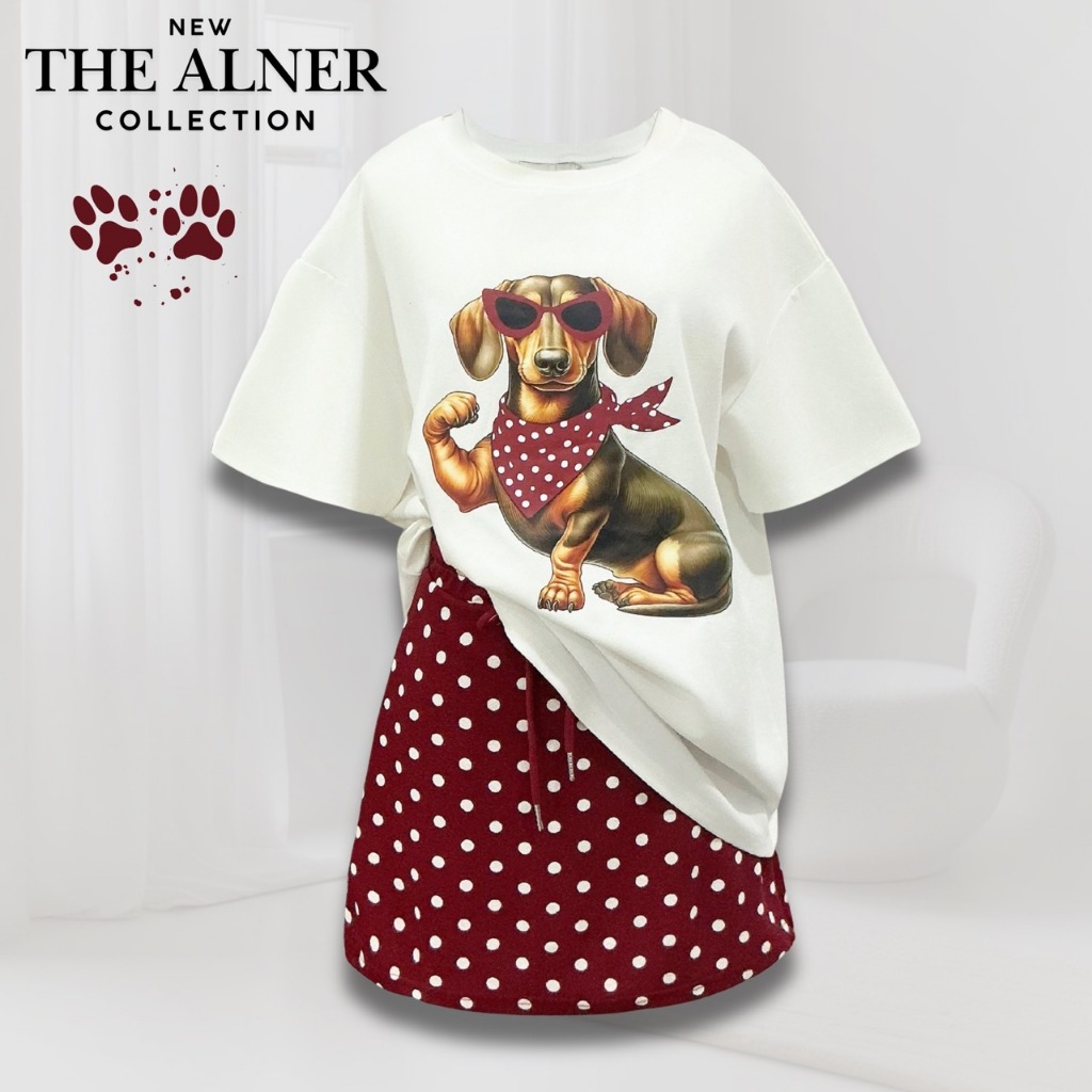 Thealner-AN355 (เซตเสื้อยืดขาวแขนสั้นลายหมาผูกผ้า+กระโปรงแดงลายจุด)