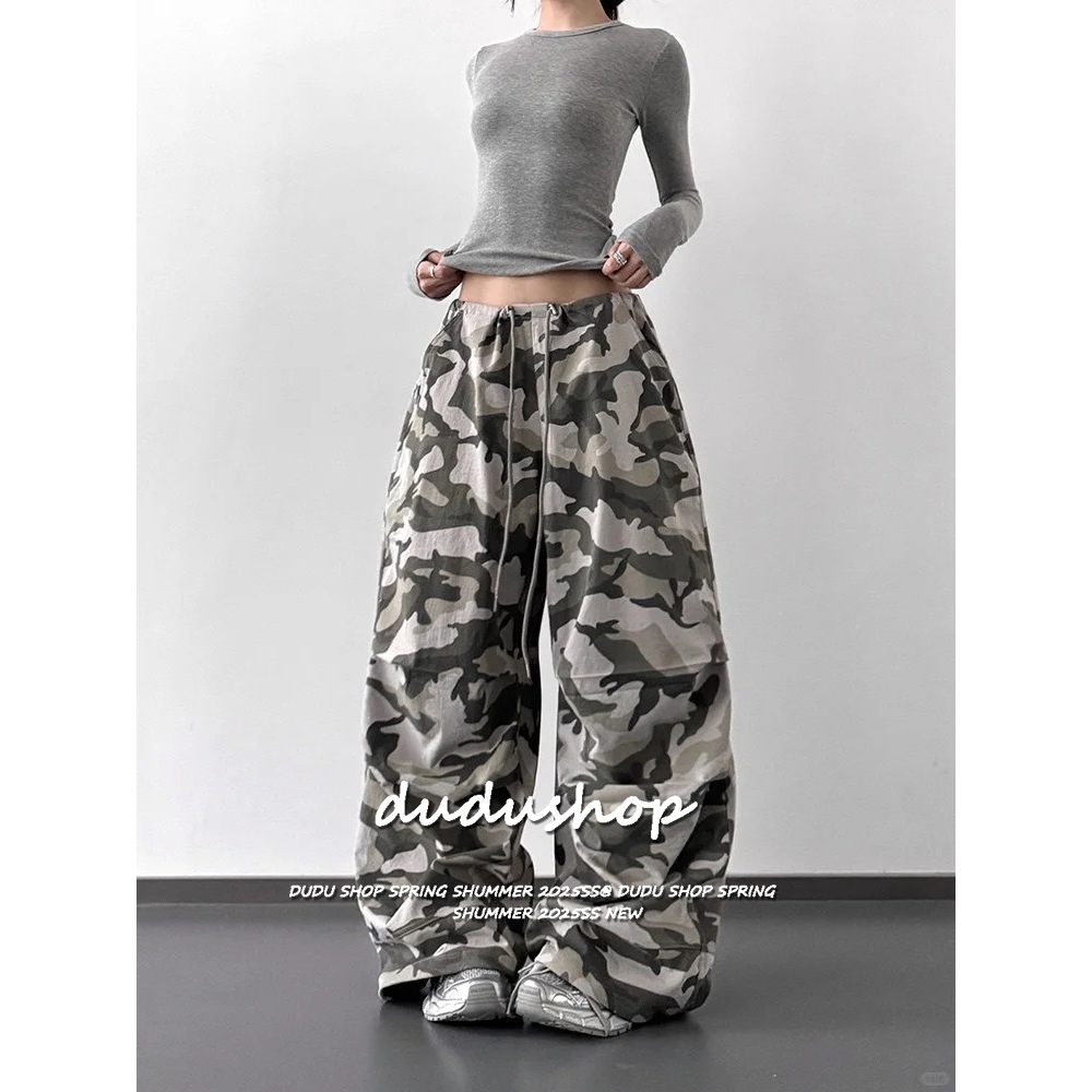 [Summer quick-drying fabric, dance camouflage pants]กางเกงขากว้างลายพรางเต้นรำแจ๊สเอวสูงสำหรับผู้หญิง