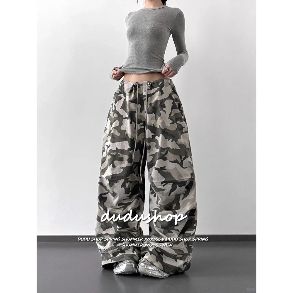 [Summer quick-drying fabric, dance camouflage pants]กางเกงขากว้างลายพรางเต้นรำแจ๊สเอวสูงสำหรับผู้หญิง