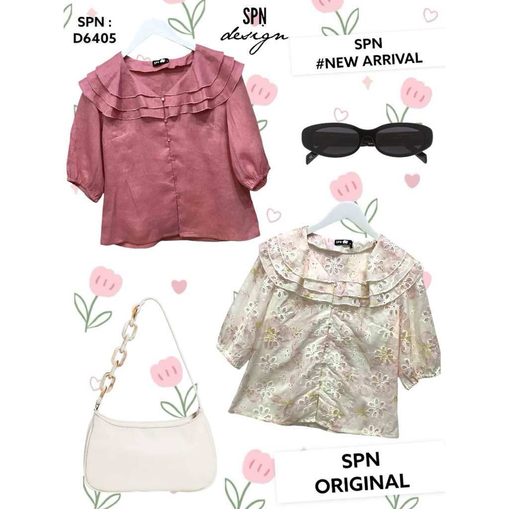 SPN D6405 เสื้อคอระบาย ผ้าลูกไม้/ผ้าลินิน กระดุมหน้า แขนจั๊ม ความยาว 23”