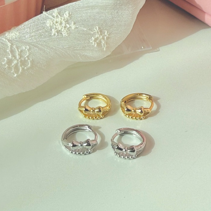 Suwann.na [ราคาต่อคู่] ต่างหูห่วง ต่างหูเงินแท้ ห่วงโบว์จุด เงิน, ทอง