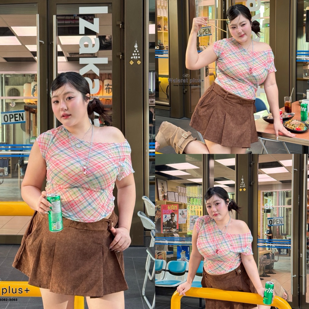 (WR) น้องสายไหม🍭🍡🍬 เสื้อปาดไหล่ลายสก็อต สีหวาน เก๋มาก น่ารักฝุดๆ เสื้อผ้าสาวอวบอ้วน พลัสไซส์ ไซส์ใหญ่