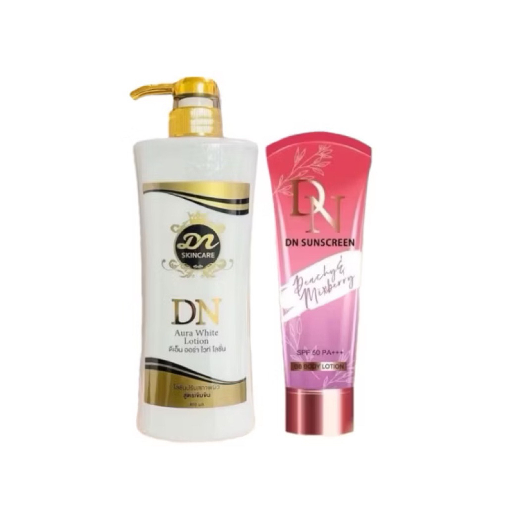 (โลชั่นDN 1 แถมกันแดด DN1) DN Aura White Lotion ดีเอ็น ออร่า ไวท์ โลชั่น (ขวดขาวหัวปั้มสีทอง )n