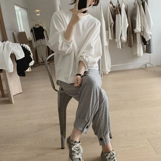 cherryshop พร้อมส่ง เสื้อยืดแขนยาวผู้หญิงสไตล์เกาหลีเรียบง่ายใหม่ สีพื้น คอกลม ทรงหลวม แขนพอง หวานและน่ารัก