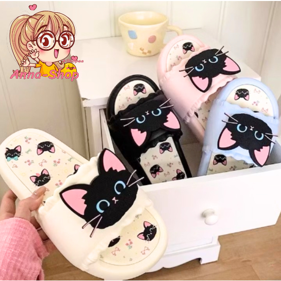 Anna shop รองเท้าแตะ ลายการ์ตูนแมวน้อยน่ารัก สไตล์สีมินิมอล รองเท้าแตะแฟชั่น ราคาถูก T384