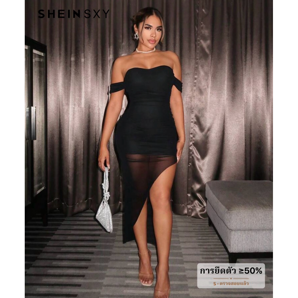 SHEIN SXY ผู้หญิง เปิดไหล่ เว้า ผ่า เดรส วันเกิด สปริง ผู้หญิง เสื้อผ้า วันวาเลนไทน์ ออกเดท ปาร์ตี้ส