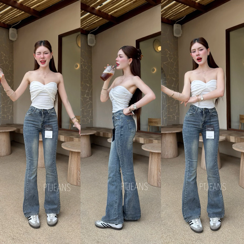 กางเกงยีนส์ขาม้า เอวกลาง ผ้ายืดไม่เยอะ รหัส 86008 สีสนิม งานป้ายVintage(แท้💯)