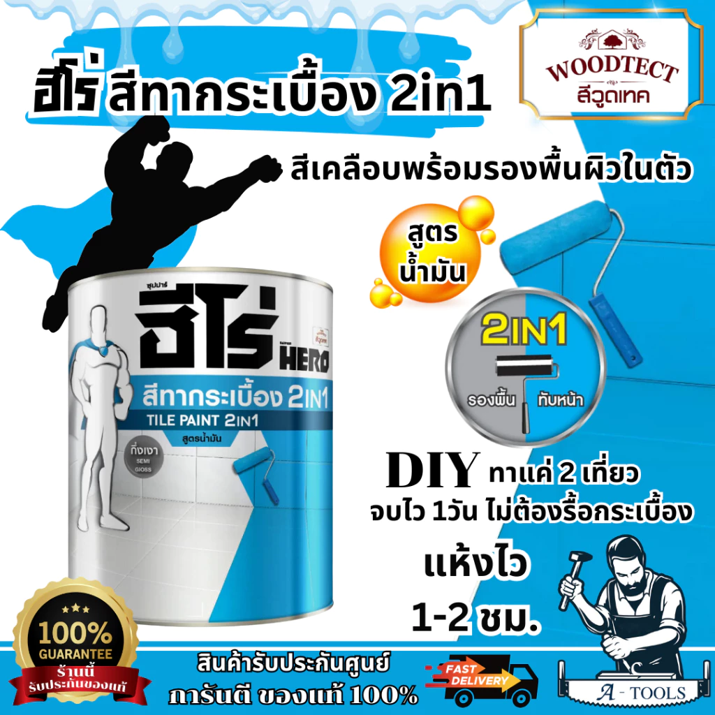 HERO สีทากระเบื้อง สูตรน้ำมัน รุ่น TILE PAINT 2IN1 ขนาด 1/4 แกลลอน กันน้ำกันเชื้อรา **ส่งเร็ว ของแท้100%**