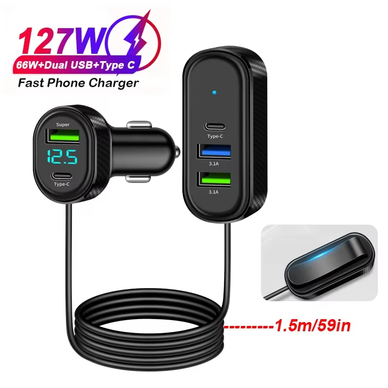150 สายเคเบิลรถชาร์จยาวเป็นพิเศษการชาร์จเร็ว 5 พอร์ต USB Charger 12V/24V รถชาร์จโทรศัพท์ Adpater