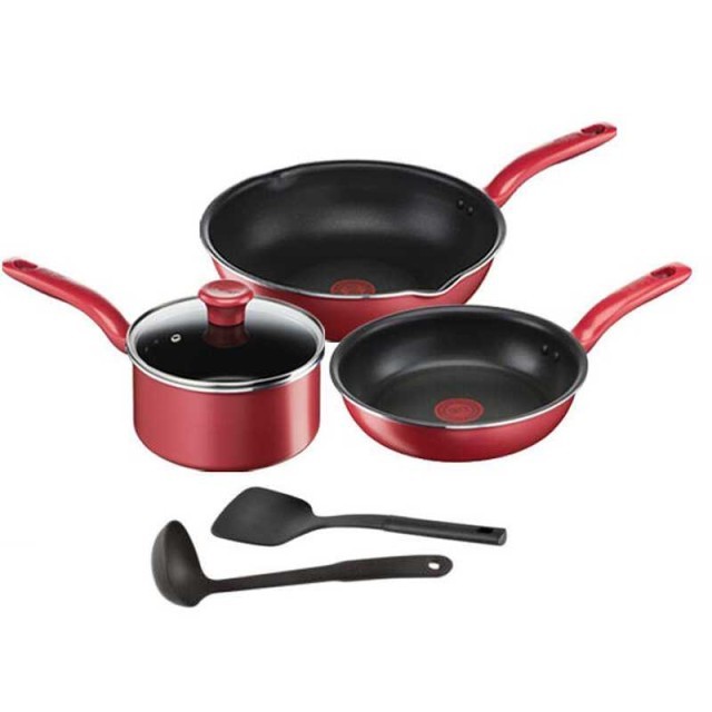 TEFAL ชุดกระทะหม้อพร้อมฝา 6 ชิ้น รุ่น G135S696 : กระทะก้นลึก 28ซม. กระทะก้นแบน 21ซม. หม้อด้าม+ฝา 18ซ