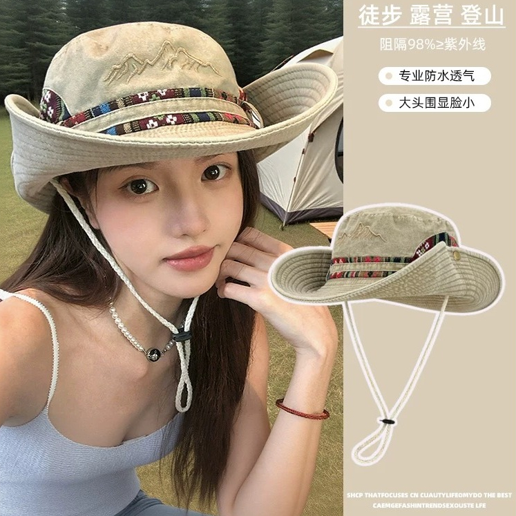 หมวกบัคเก็ต เดินป่า คาวบอย ผ้ายีนส์พร้อมสายรัดกันลม กันแดดนิยมสไตล์ตะวันตกAA