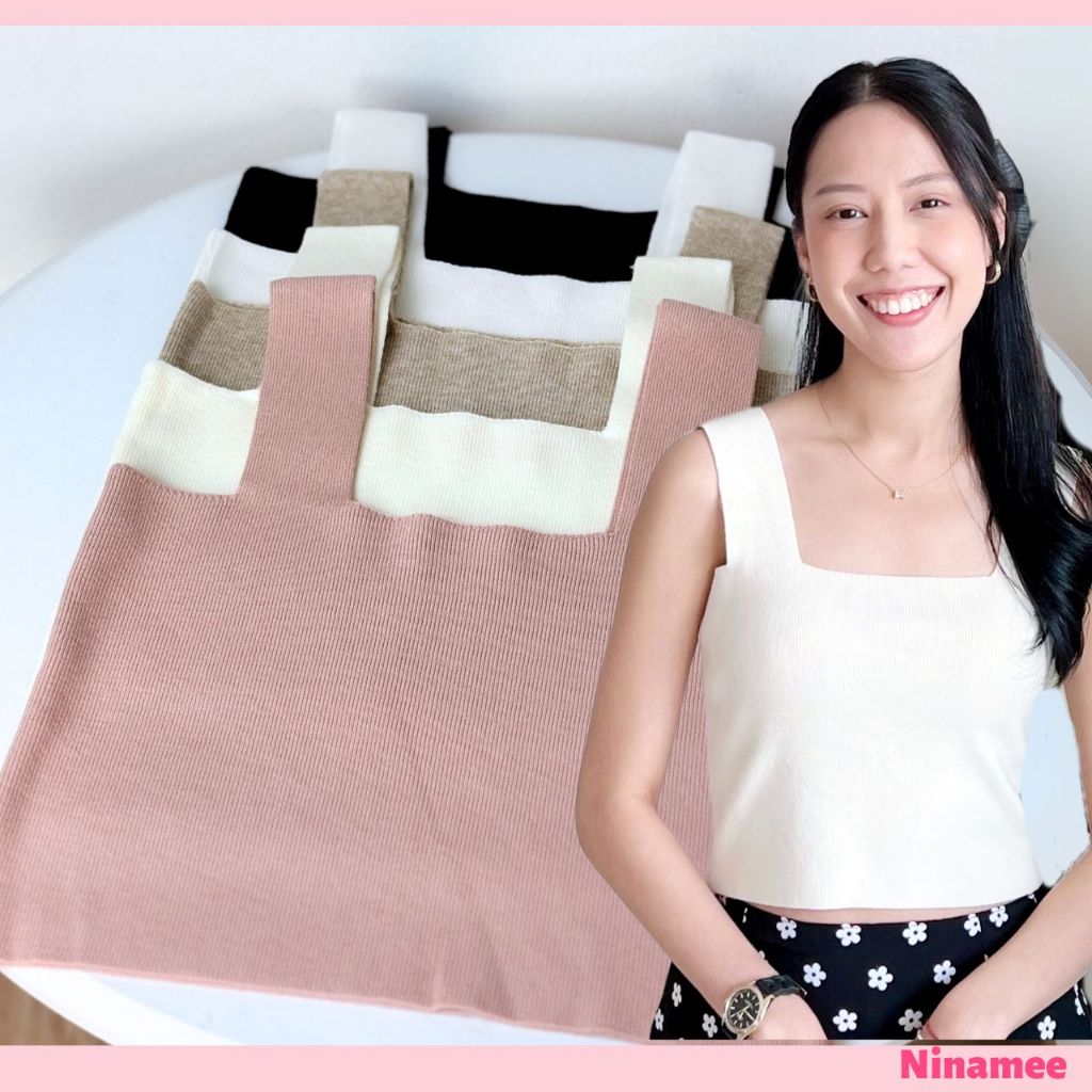 🍒Ninamee เสื้อกล้ามครอปคอเหลี่ยม อก28-40 นิ้ว โทนสีสวย กล้ามคอเหลี่ยม กล้ามแถบใหญ่ ผ้าไหมพรมคุณภาพดี#90575