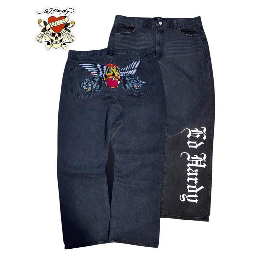 Ed Hardy Jeans ยีนส์ผ้าดำ ปักลาย มือสองแบรนด์แท้ เอว 40 นิ้ว