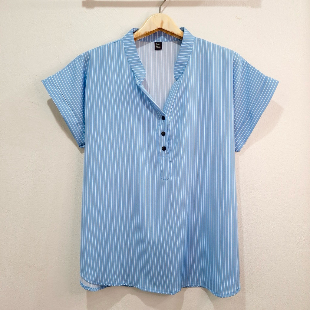 อก 44“ เสื้อคอจีนเเขนสั้น ผ้าไหมอิตาลี ไม่ต้องรีด ลายทางเล็ก - รูปที่ 4