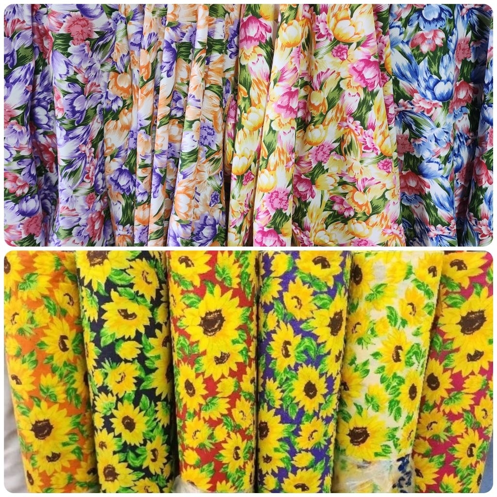 ผ้าลาย ทานตะวัน ดอกไม้ สีสด ปีใหม่ ย้อนยุค วินเทจ พร้อมส่ง ตัดยาวต่อเนื่อง กว้าง 110-115cm