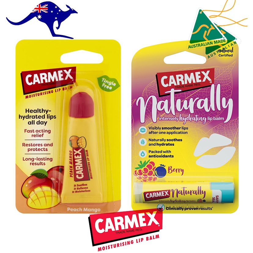 Carmex Lip Balm Naturally Hydrating berry 4.25g. / Carmex Lip Balm Peach Mango Squeeze Tube 10g.