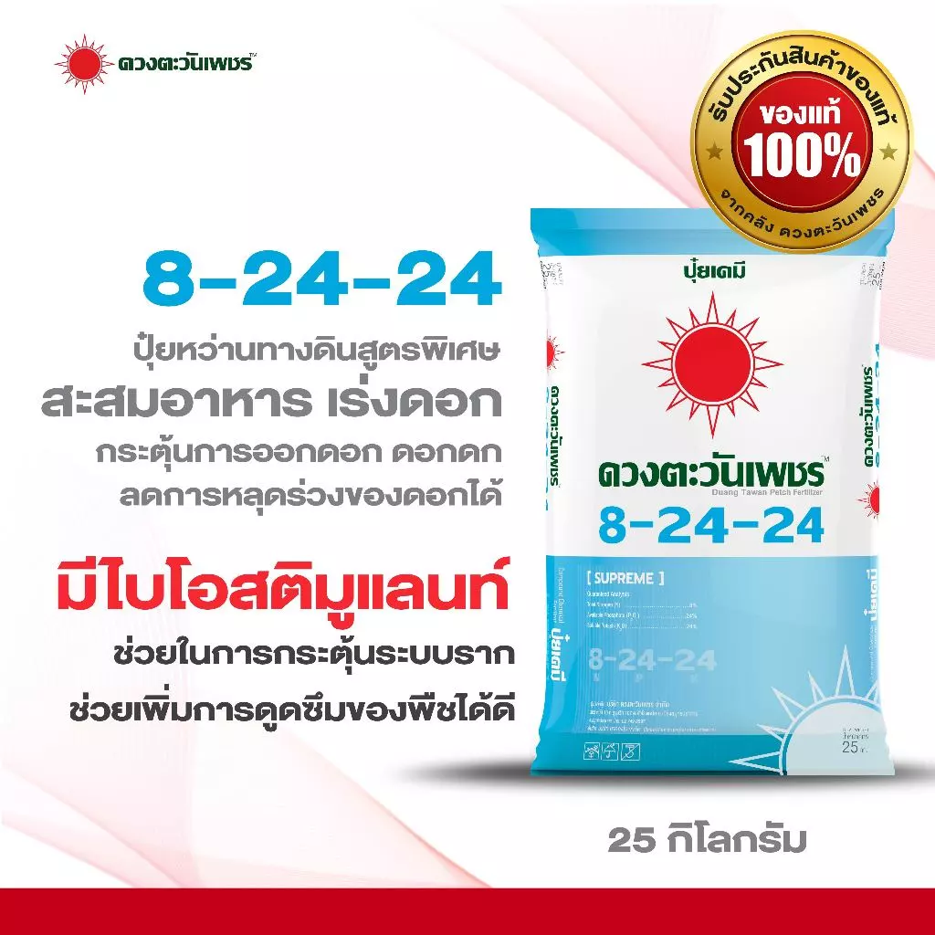 ปุ๋ยคอมปาวด์ 8-24-24 ขนาด 25 กก . สูตรสะสมอาหารมี Biostimulant กลุ่มช่วยเร่งการดูดซึมของระบบราก