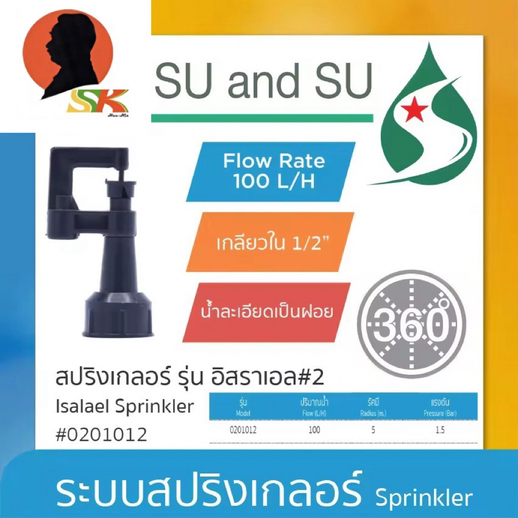 หัวมินิสปริงเกอร์อิสราเอล เบอร์2 ขนาดเกลียวใน 1/2" รัศมีสูงสุด5เมตร ปริมาณน้ำ100ลิตร/ชั่วโมงยี่ห้อ SU AND SU รหัส0201012