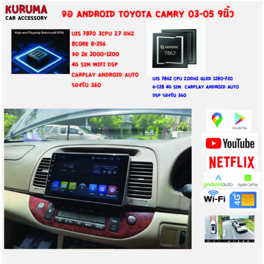 จอ android toyota camry 02-06 7870 3CPU 2.7GHZ 8+256 2k 360/7862 2CPU 8core 6+128 QLED 360