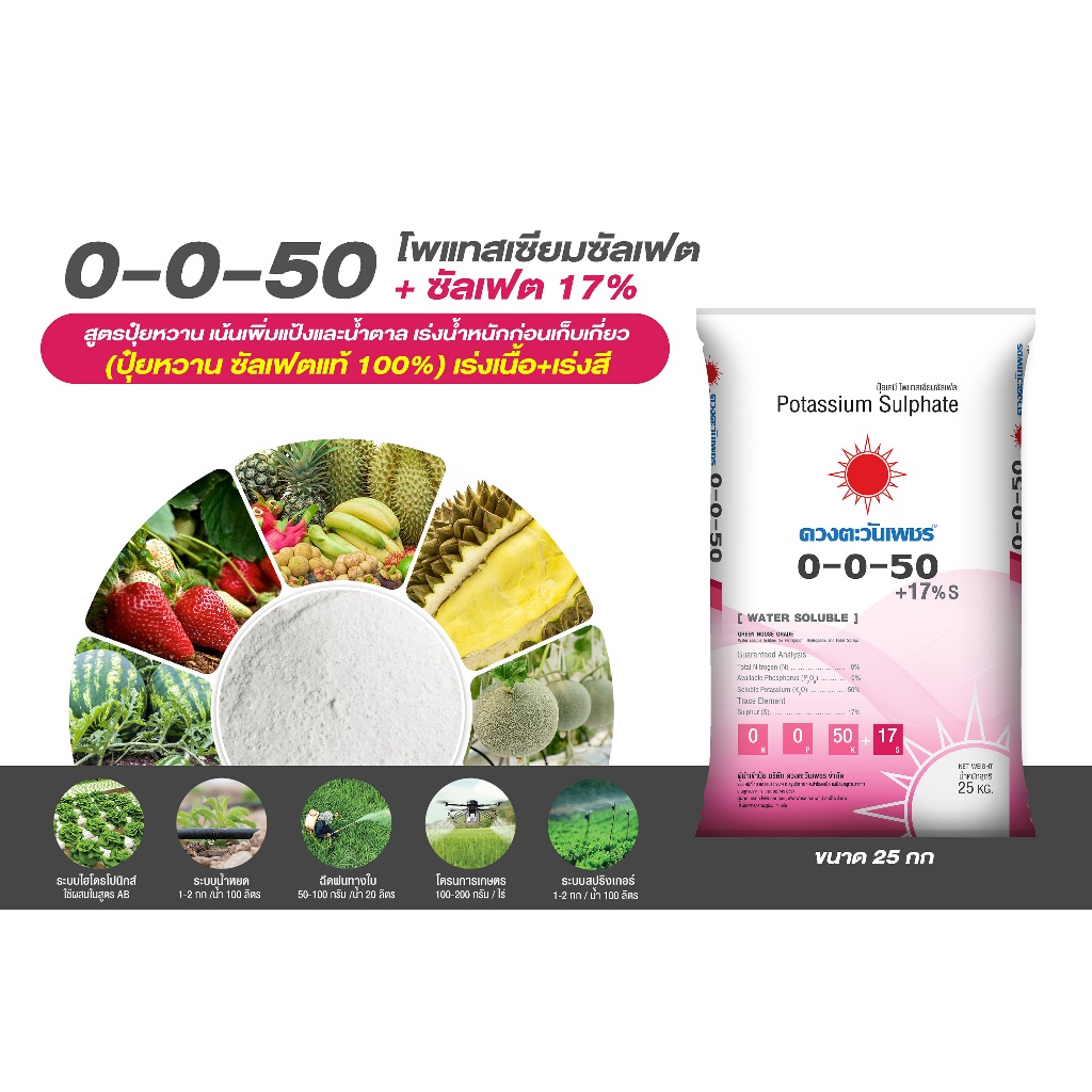 ปุ๋ยเกล็ด 0-0-50 + 17S ขนาด 25 กิโลกรัม โพแทสเซียมซัลเฟต บำรุงผล เร่งหวาน เร่งกลิ่น สี ละลายน้ำ100% - รูปที่ 2