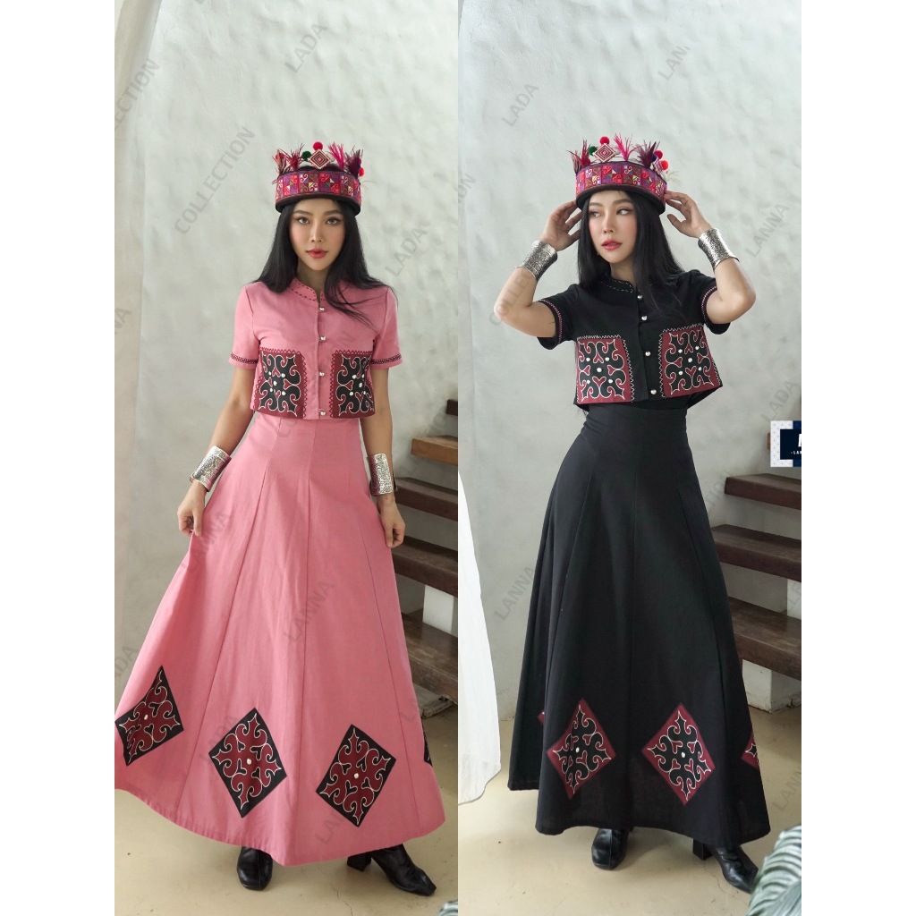 เซ็ทเสื้อคอจีนและกระโปรงทรง8ชิ้นผ้าโพลี่เอสเตอร์พิมพ์ลายดอกเมี่ยนมี2สี