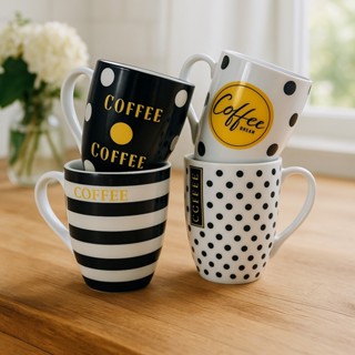 (สินค้าพร้อมส่งจากไทย)แก้วเซรามิคใบใหญ่ลายขาวดำ 4 ใบ/เซต พร้…