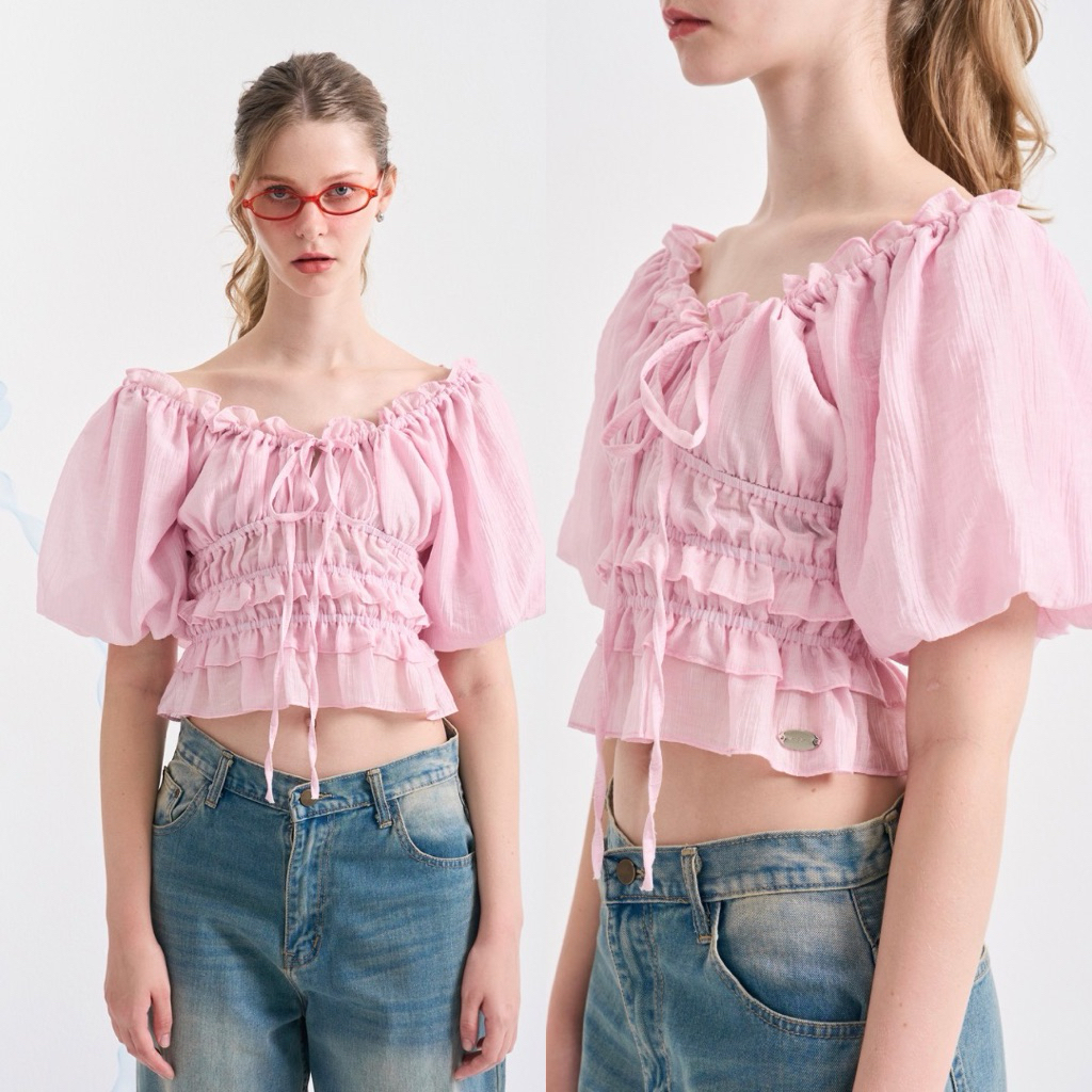 (8สี 3ไซส์) Pumpkin top เสื้อแขนพองผูกหน้า ปาดไหล่ รุ่น T99 - Mesave - รูปที่ 6