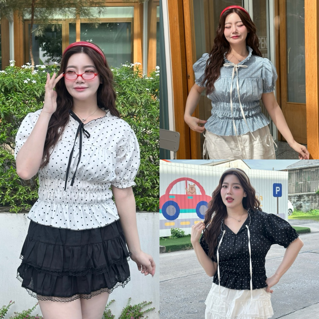 ลดเพิ่มเก็บโค้ดหน้าแอพ Polka Chic Blouse เสื้อแขนตุ๊กตา จั๊มเอว