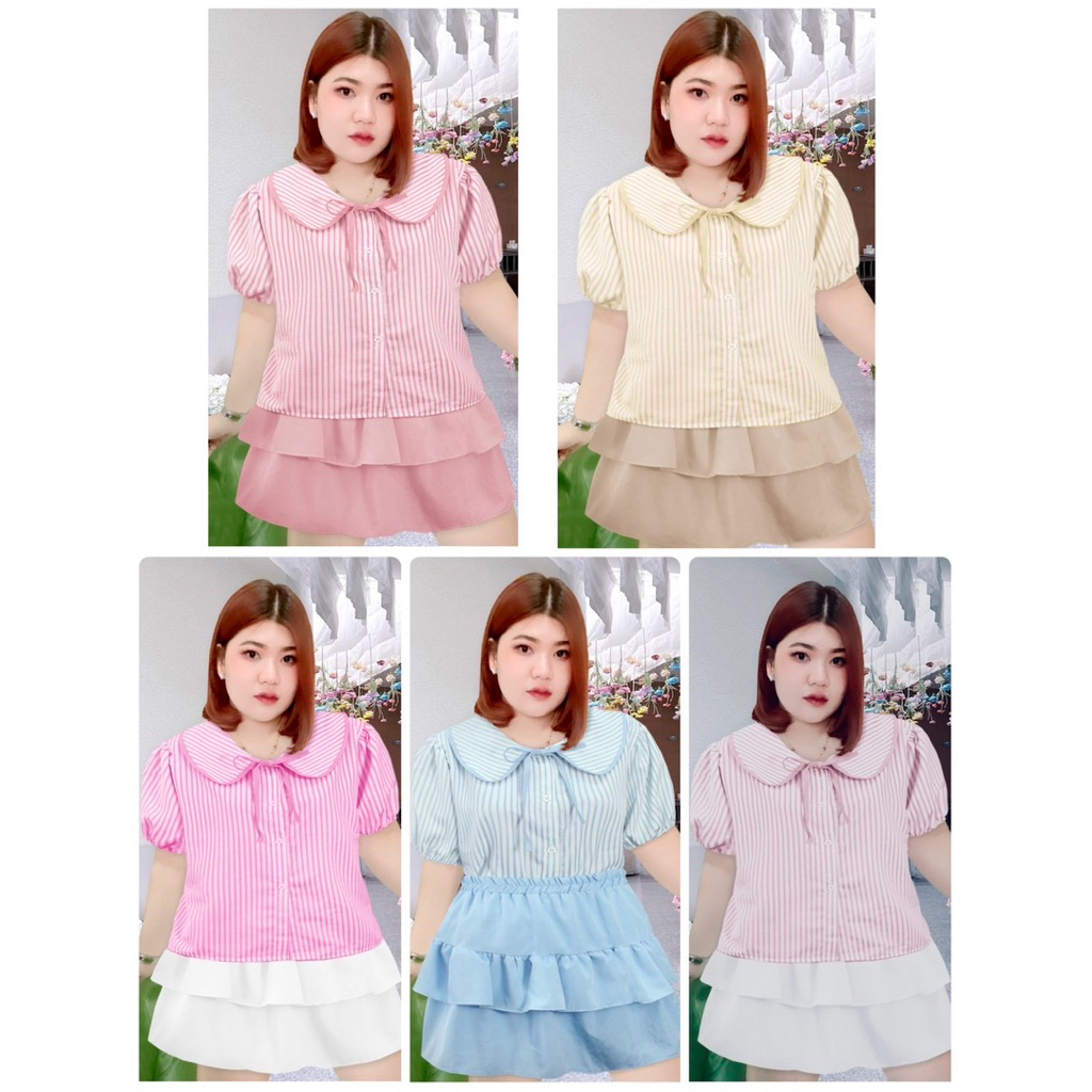 RN679.เสื้อเชิ๊ตสาวอวบ ลายทางปกบัวขอบกุ้น อก50“