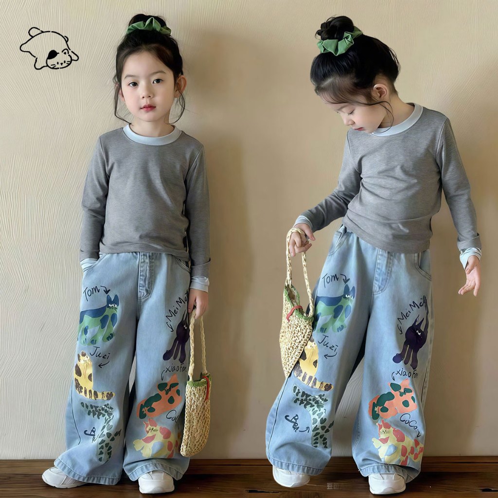 Beryl kids🌸ชุดเด็กผู้หญิงแฟชั่น🎀ชุดเสื้อผ้าฤดูใบไม้ร่วงเด็ก เสื้อแขนยาว +กางเกงยีนส์ขายาว สไตล์เกาหลี เอวยางยืด ลายการ์ต