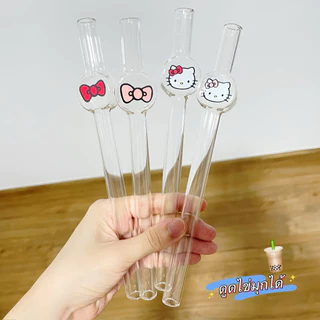 หลอดดูดน้ำ [ดูดไข่มุกได้] คิตตี้ ขนาดใหญ่ 24 ซม วัสดุแก้ว หนา น่ารักมาก