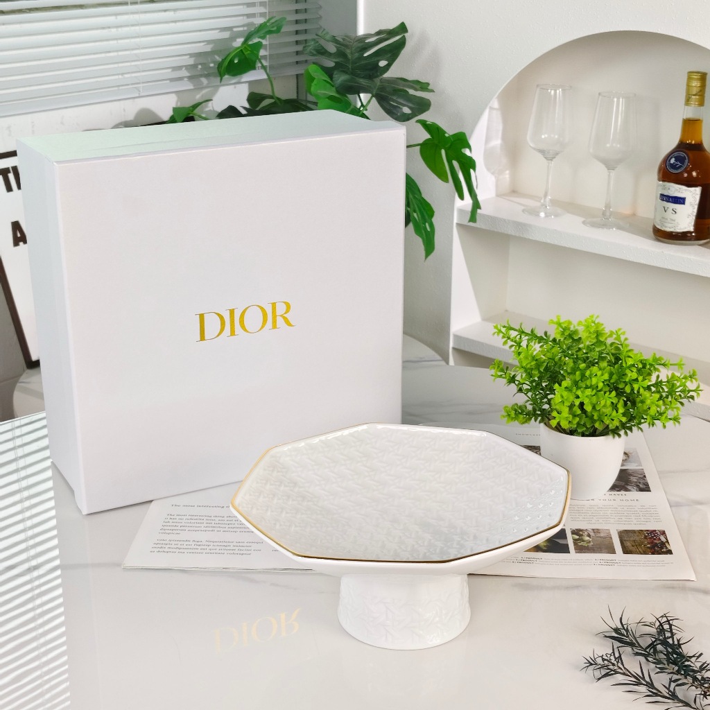 Dior Dior grid pattern - high leg fruit dish ceramic Dim sum dish water fruit dish dessert tea tray
