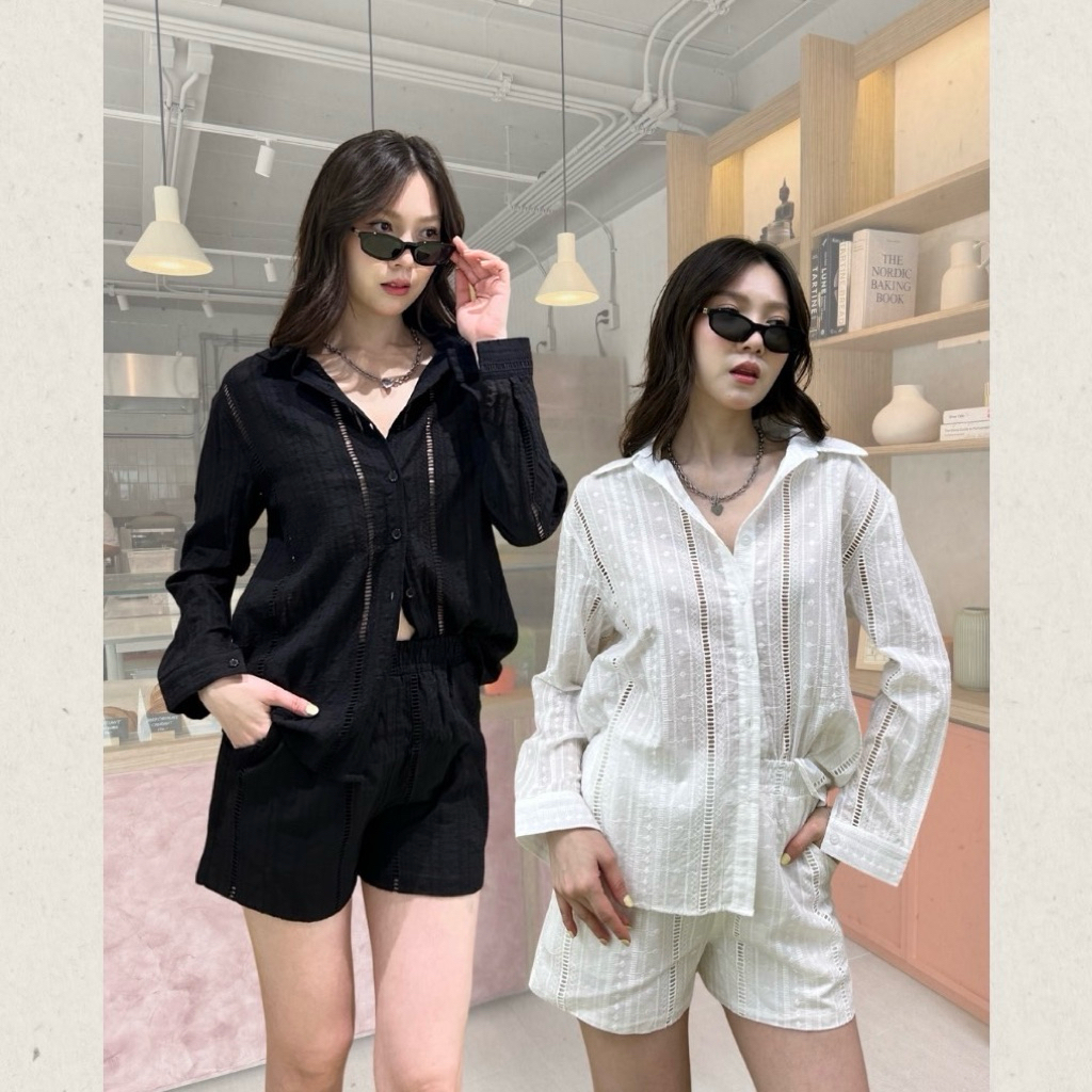 tshop เซต มินิเชิ้ตลูกไม้แขนยาว (เสื้อ+กางเกง)