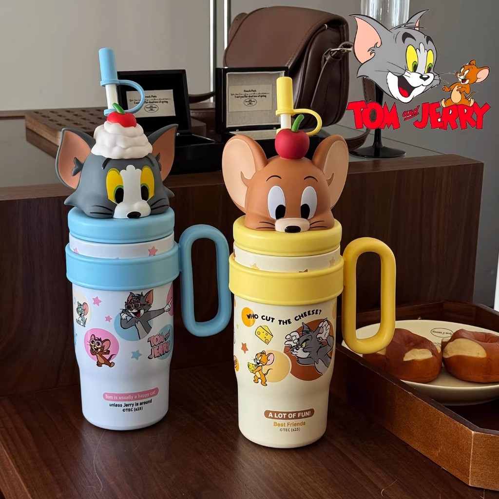 💯Tom and Jerry แก้วเก็บความร้อน✨ แก้วน้ำขนาดใหญ่ ความจุ 800 มล. พร้อมหลอดดูด สำหรับใช้ในสำนักงาน