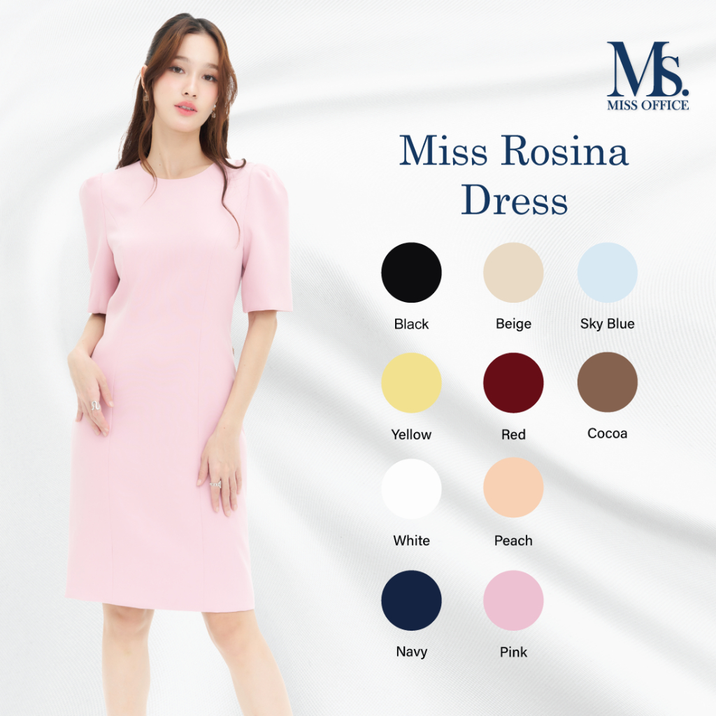 (ความยาว 38 นิ้ว) Miss Office เดรสคอกลมแขนสั้นจับจีบ (MD-099)