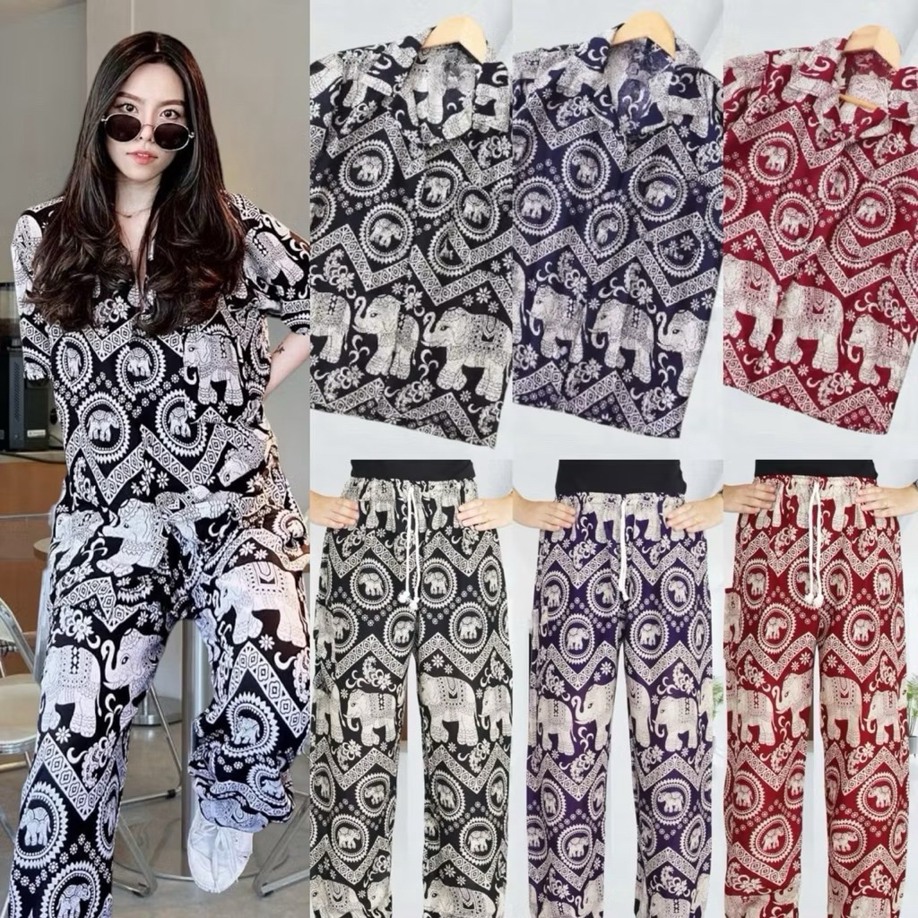 ⚡ร้านค้าส่งไว⚡ เสื้อฮาวาย+กางเกงเอวเชือก ลายช้าง🐘🐘  🔥🔥ได้ทั้งชุด
