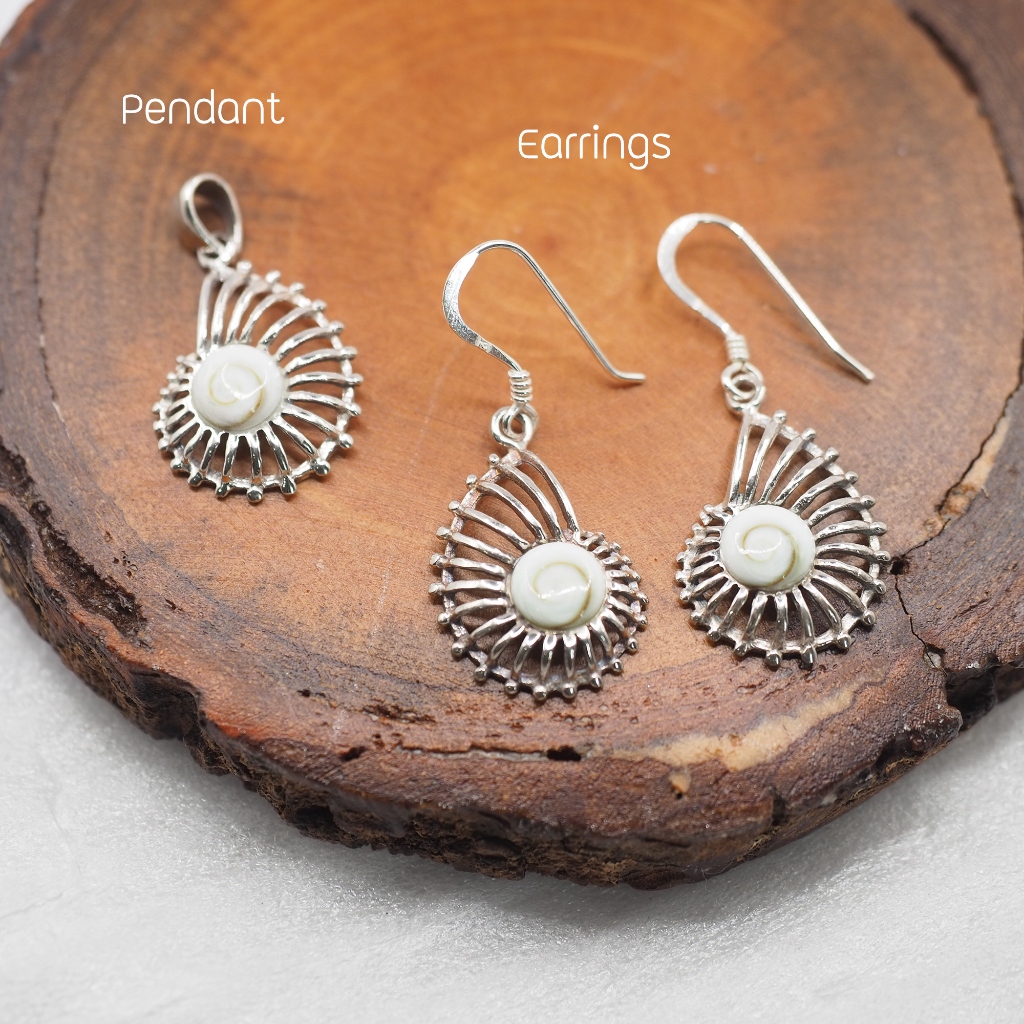 ต่างหูเงินแท้ 92.5% ต่างหูฟอสซิล หอย Shiva Eye ammonitei Fossil Earrings ต่างหูนำโชค จี้หอยนำโชค