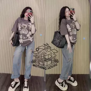 No.Set5590 ชุดเซ็ท2ชิ้น เสื้อแขนสั้น+กางเกงขายาว*ผ้ายีนส์เทียม* สกรีนลายหมีหลายตัว ชุดเซ็ท เสื้อผ้าแฟชั่น
