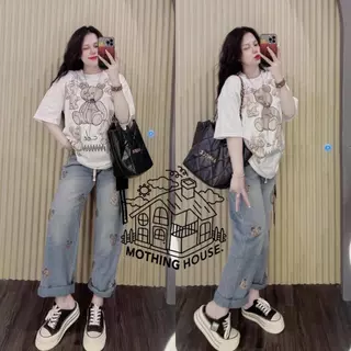 No.Set5590 ชุดเซ็ท2ชิ้น เสื้อแขนสั้น+กางเกงขายาว*ผ้ายีนส์เทียม* สกรีนลายหมีหลายตัว ชุดเซ็ท เสื้อผ้าแฟชั่น