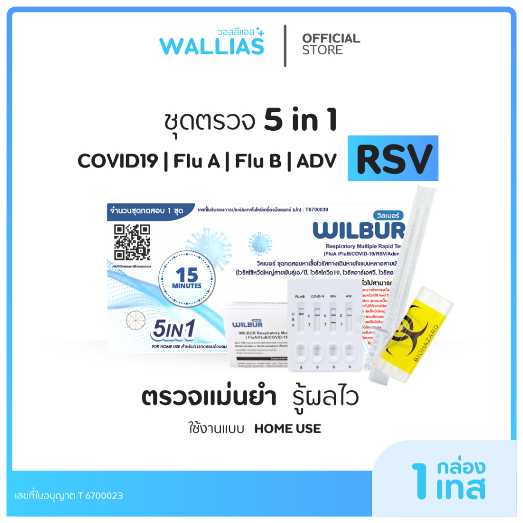 Wilbur ชุดตรวจไข้หวัด 5 IN 1 ยี่ห้อWilbur 1ชุดทดสอบต่อ1กล่อง แบบตรวจจมูก Covid-19 ADV+RSV FluA+B