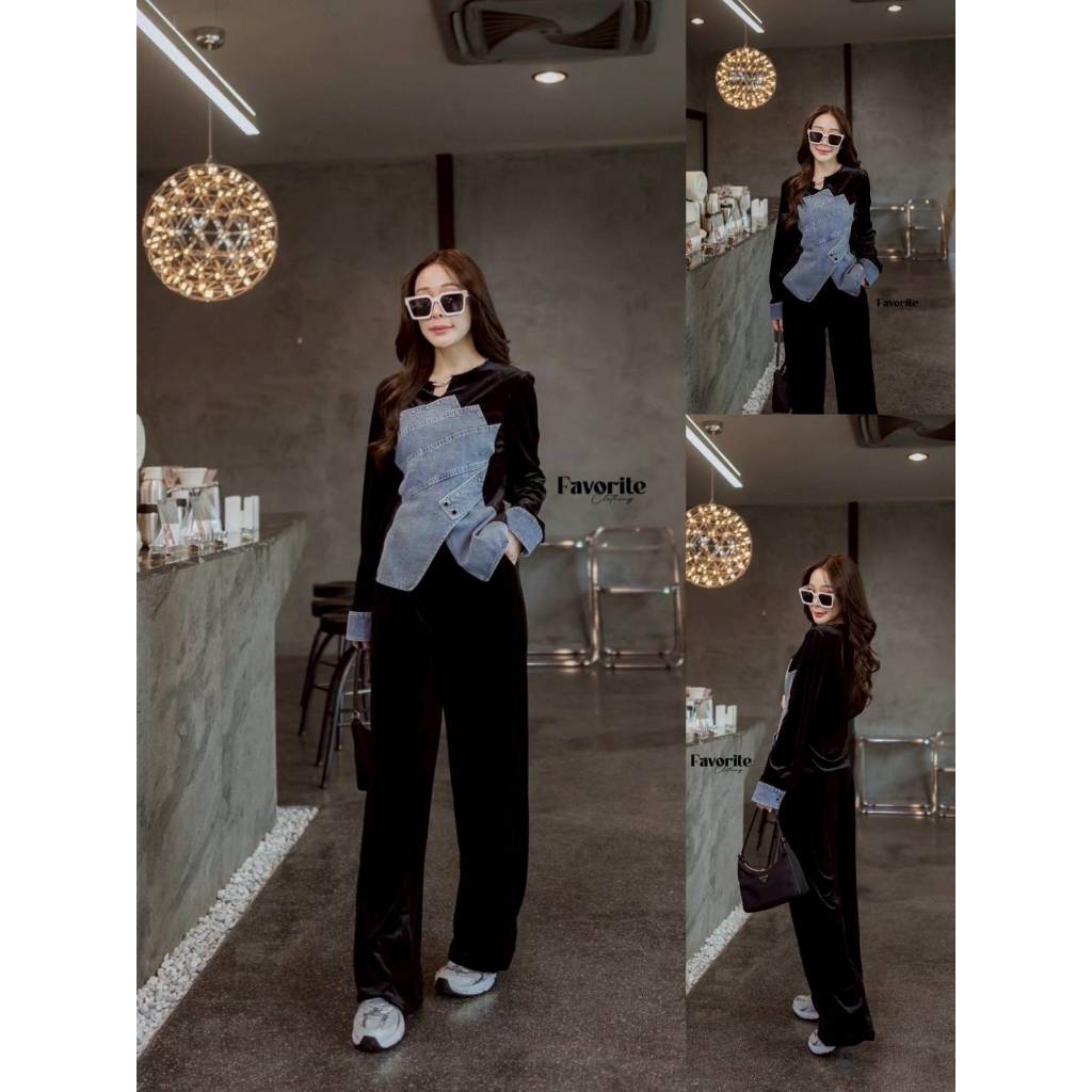 •FAVORITE• FVR 94170 Set เสื้อกำมะหยี่แขนยาว ดีเทลเย็บแต่งยีนส์ด้านหน้า แต่งอะไหล่เพชรที่คอ
