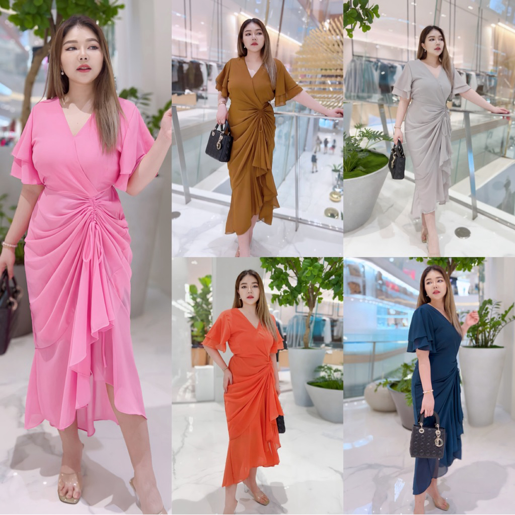 🥇Best Seller🥇เดรสยาวผ้าชีฟองรูดข้างแขนระบายสีพื้น No.22 ไซส์ 2 #Maisie Shop