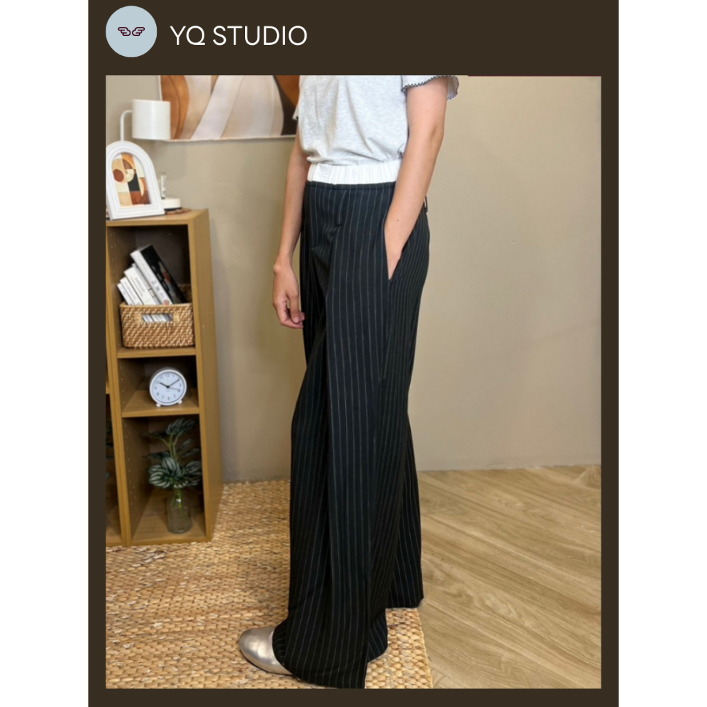 A543 YQ KOREAN SHOPกก.ขายาวลายริ้วสีดำ(ขอบขาว) ป้ายYQ