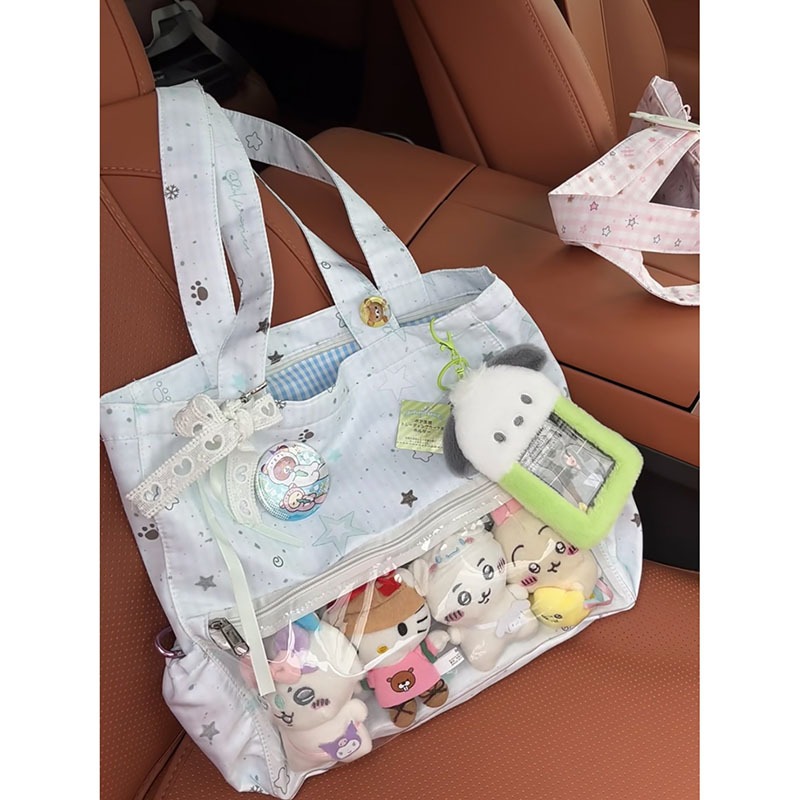 กระเป๋าโท้ทสะพายไหล่ลายท้องฟ้าเต็มไปด้วยดวงดาวน่ารักสไตล์ญี่ปุ่นสำหรับนักศึกษาจุได้เยอะ JK เด็กผู้หญิงสองมิติ