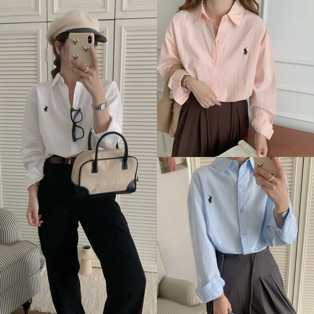 เสื้อเชิ้ตผู้หญิงแขนยาว เสื้อโปโล เนื้อผ้าเรียบ ใส่สบาย ดีไซน์กระดุม เหมาะสำหรับทั้งทำงานและพักผ่อน