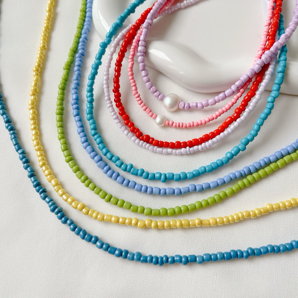 Basic สร้อยคอลูกปัดน่ารัก สีพื้น Beaded Necklace สร้อยไปทะเล ลูกปัดเม็ดทราย Tinypearlxoxo N1489